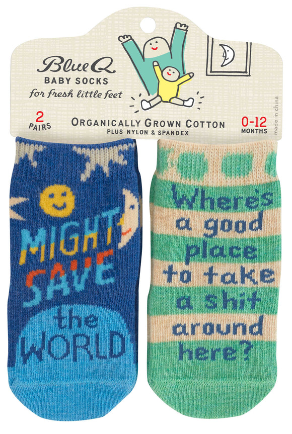 Blue Q Save the World & Take a Shit Baby Socks 2 Pack