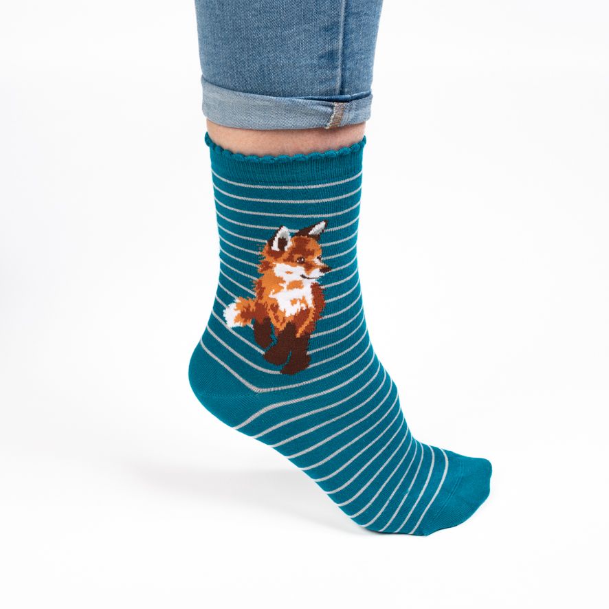 Wrendale 'Born To Be Wild' Fox Socks Teal