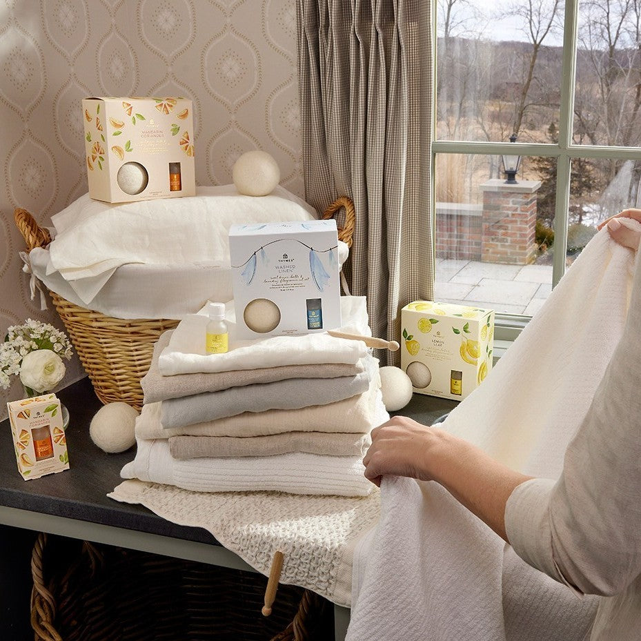 Thymes Washed Linen Wool Dryer Balls & Laundry Fragrance Oil Set