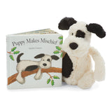 jellycat puppy makes mischief book with black and cream puppy
