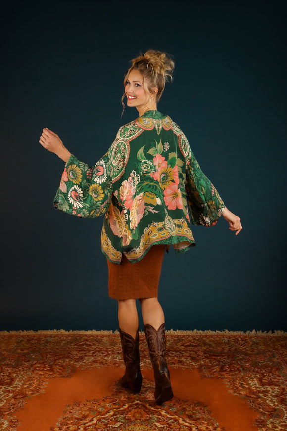 Folk Art Floral Kimono Jacket - Fern