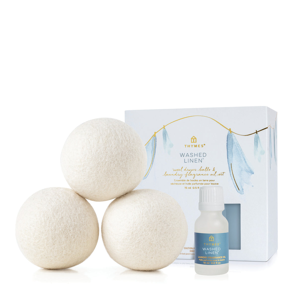 Thymes Washed Linen Wool Dryer Balls & Laundry Fragrance Oil Set